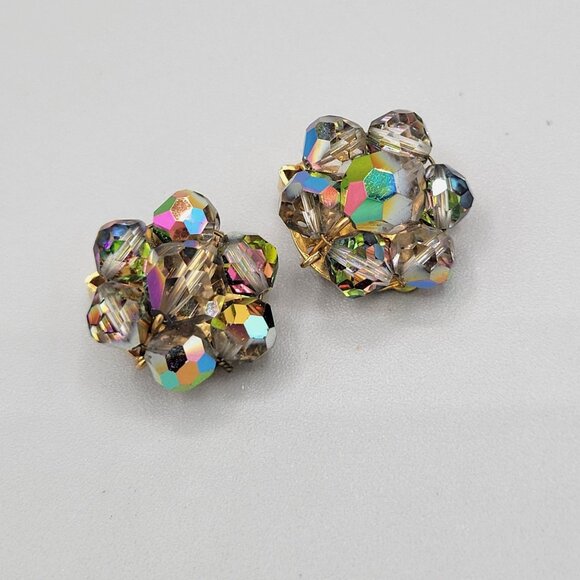 Colorful AB Aurora Borealis Beaded Small Clip On Earrings Gold Tone Vtg - Picture 2 of 6